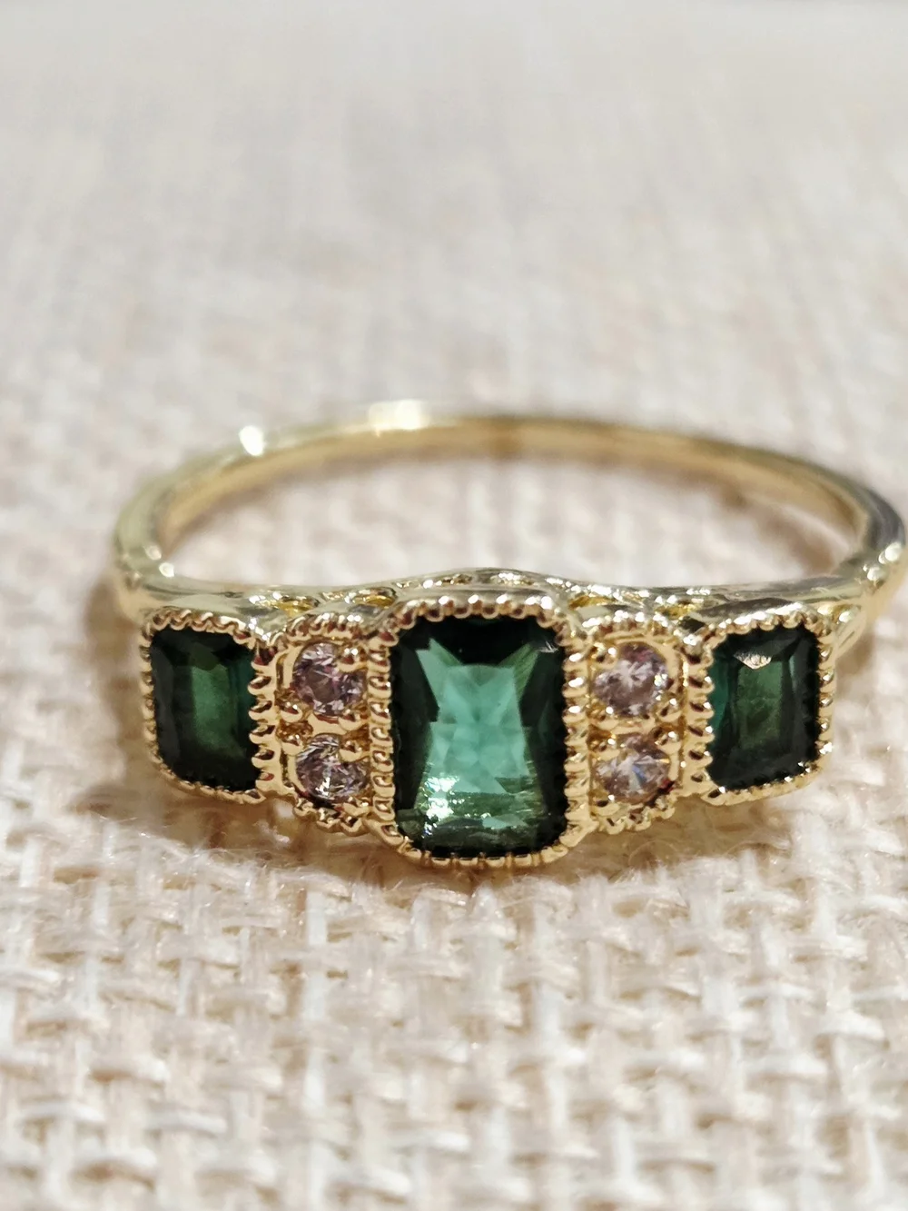 Gold Emerald Green Lab Emerald Bar Ring